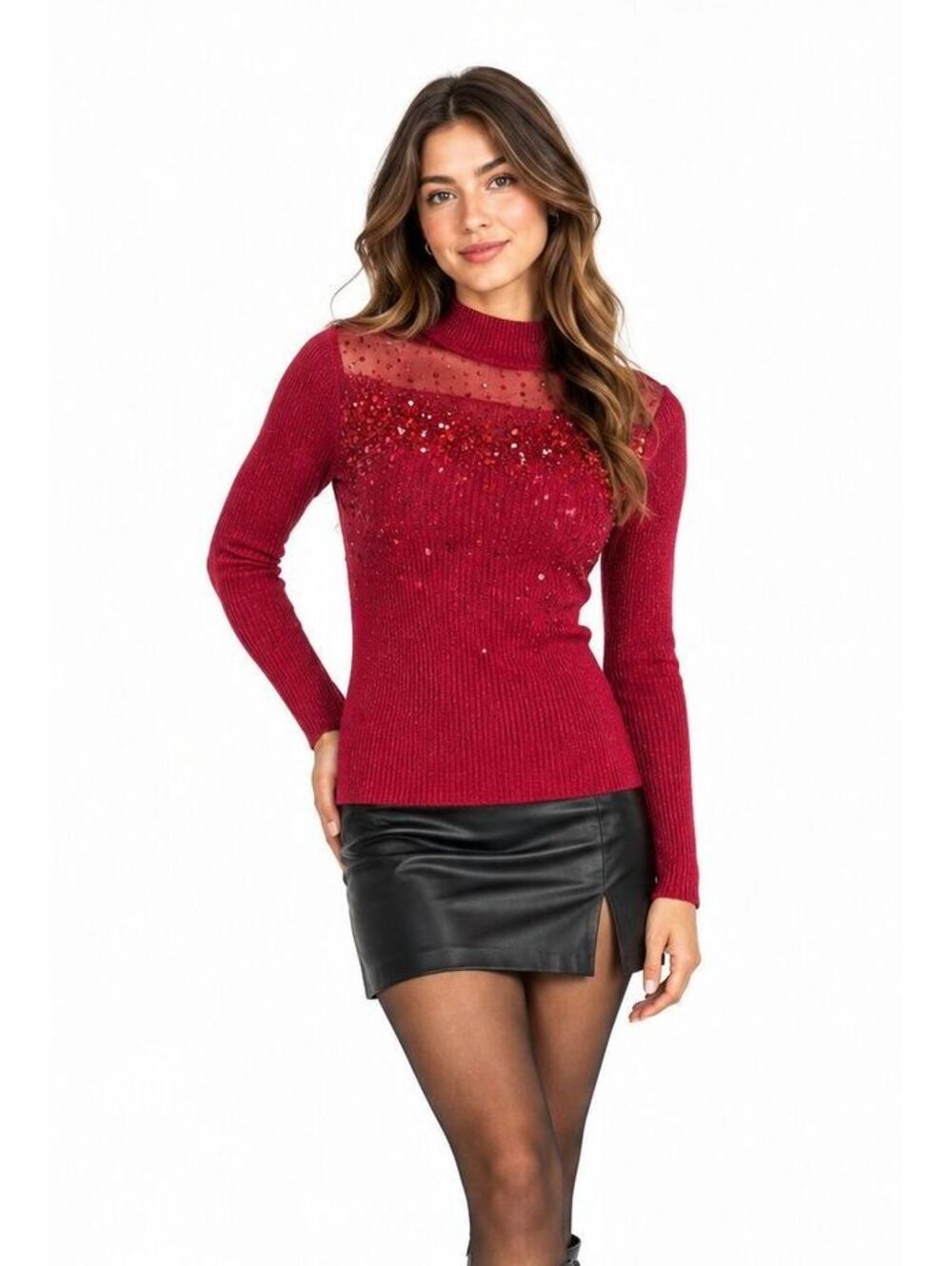 Red Sequin Metallic Sweater Mesh Yoke Mock Neck Y2K Holiday Party Womens Medium